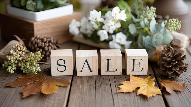 Fall sale block on wooden table photo