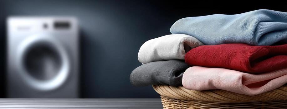A basket full of laundry with a washing machine in the background photo