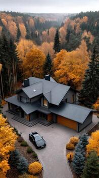 An aerial view of a house surrounded by autumn trees photo