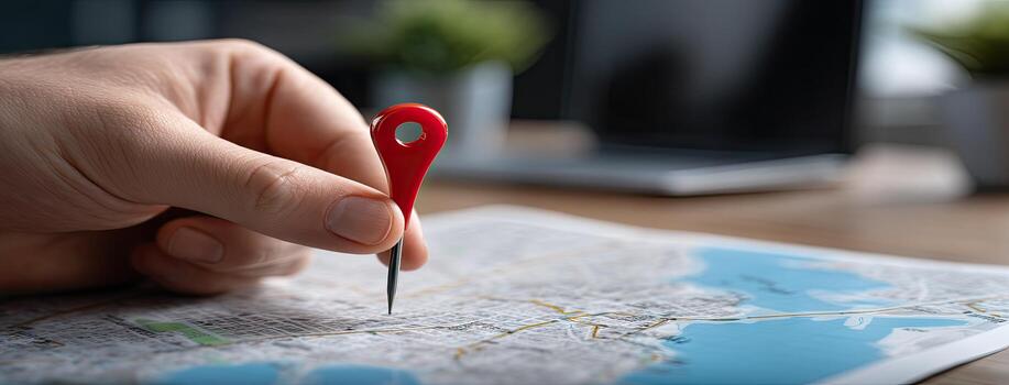 A person's hand holding a red pin on a map photo