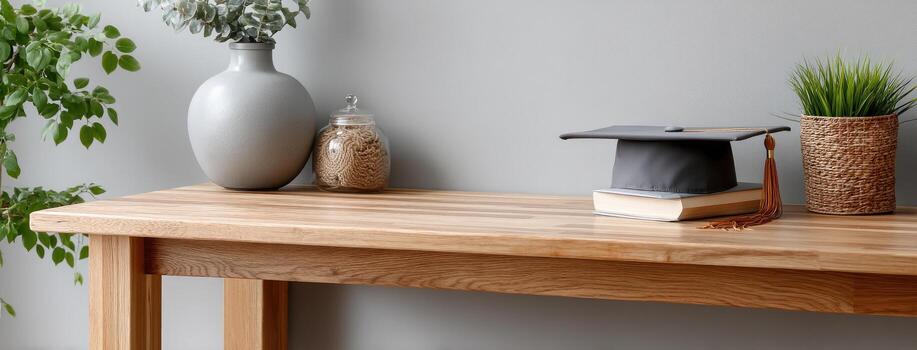 A wooden table with a graduation cap and books photo