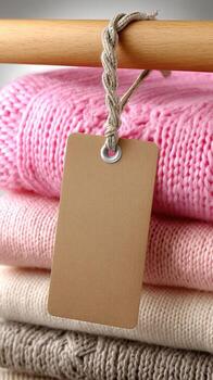 A pile of knitted sweaters with a tag hanging from a wooden rack photo