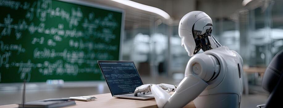 A robot sitting at a desk with a laptop photo
