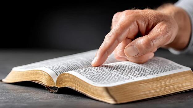 A person's hand is pointing at an open bible photo
