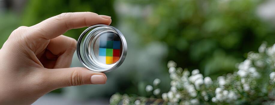 A person holding a small round object with a colorful image photo