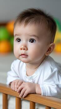 A baby in a crib looking up at the camera photo