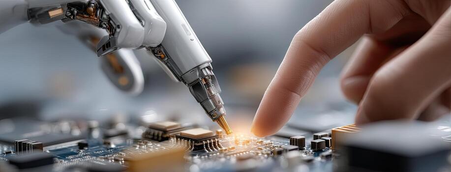 A hand is touching a circuit board with a robot photo