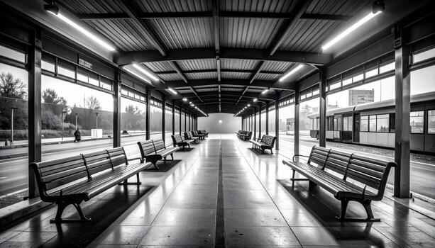 A black and white photo of empty benches in a train station