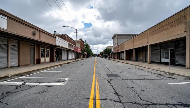 An empty street with a yellow line down the middle photo