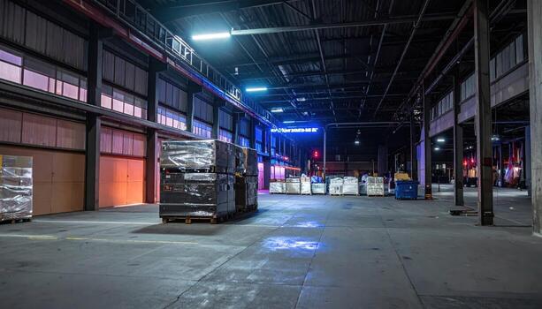 A warehouse with several pallets and boxes in it photo