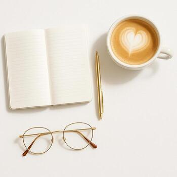 Top view of a latte in a white cup with heart foam, an open lined notebook, a gold pen and round eyeglasses on a white background. Soft daylight, clean minimal workspace mood. photo