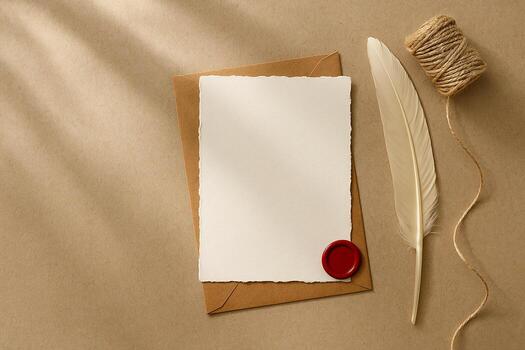 Minimal flat lay of a blank deckle-edge card on a kraft envelope with a red wax seal, quill feather and twine spool on a kraft paper background. Warm side light, clean copy space. photo