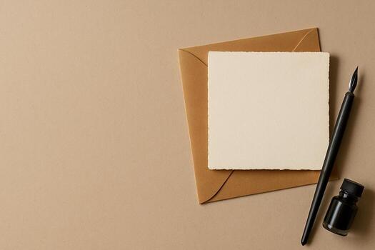 Minimal flat lay of a blank square deckle-edge card on a kraft envelope with a dip pen and ink jar on a beige background. Warm light, clean copy space for stationery or branding. photo