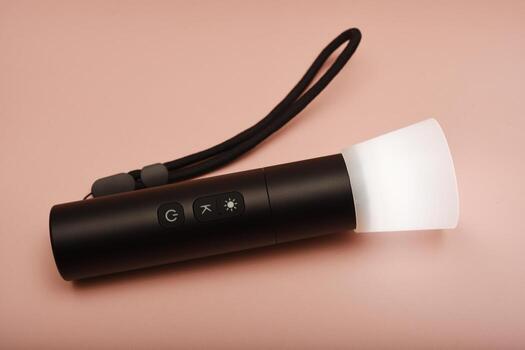 A flashlight for studio lighting. Compact flashlight for the photographer. A flashlight on a pink background. photo