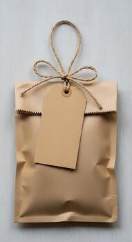 A brown paper bag with a tag and twine bow on a white surface creating a simple elegant presentation photo