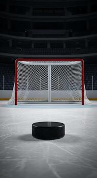 A hockey puck on the ice in an arena with a goal net in the background in a stadium setting photo