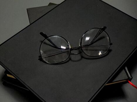 Overhead shot captures a pair of round spectacles lying on top of stacked dark covered books, conveying a sense of study, knowledge, or a contemplative mood in a dim light setting. photo