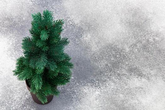 Small green artificial tree in a pot on a textured gray background space for text photo