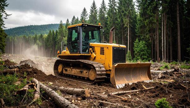 Heavy machinery operates in forested area, clearing land and moving logs. bulldozer powerful blade pushes through dirt and debris, showcasing its strength in forestry work photo