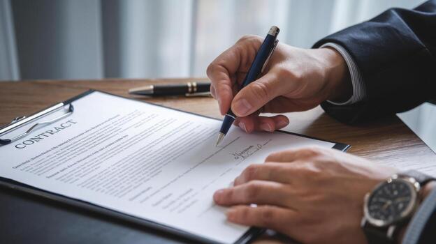 Man signing contract with pen and paper photo