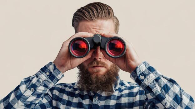 A bearded man with a beard looking through binoculars photo
