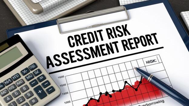 Credit risk assessment report with calculator and graph showing trends photo