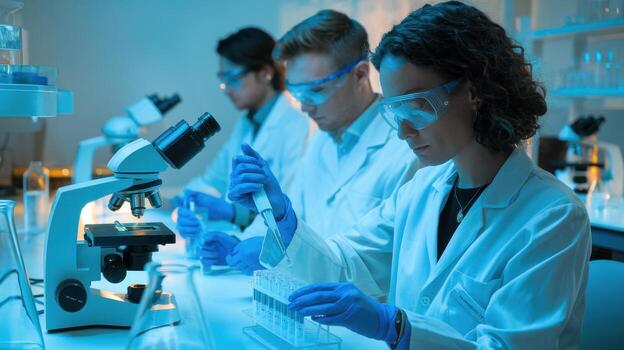 Laboratory setting with scientists conducting experiments and research photo