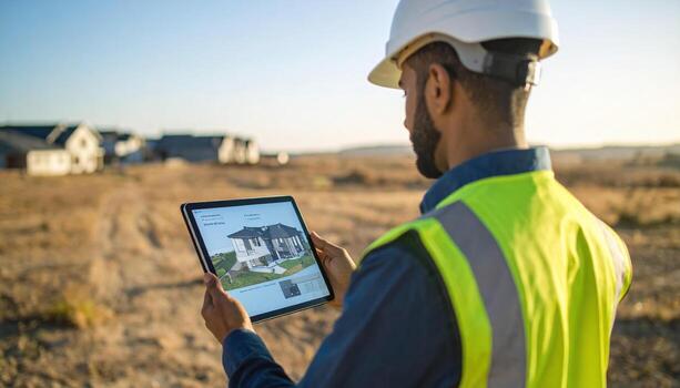 Construction worker uses tablet to view architectural plans on building site, showcasing modern technology in construction. scene captures essence of innovation and efficiency in industry photo