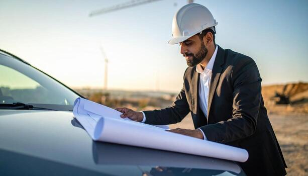 Construction professional examines blueprints on vehicle hood at construction site, showcasing dedication and focus. background features cranes and clear sky, emphasizing work environment photo