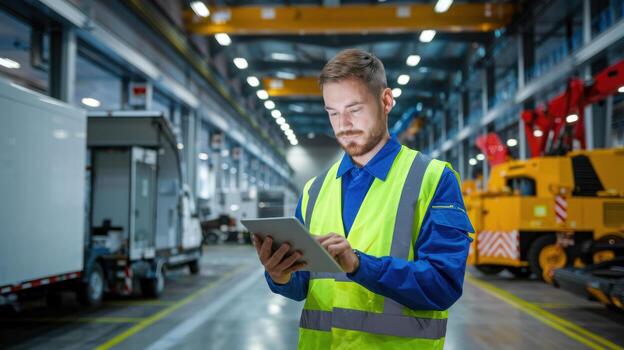 Efficient worker using tablet in modern storage facility photo