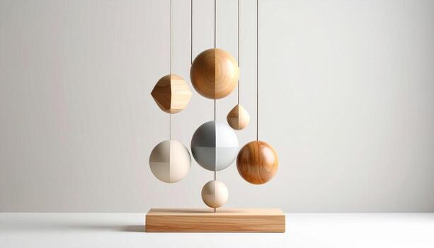 minimalista de madera esculturas crear armonioso equilibrar de formas y texturas, exhibiendo artesanía y diseño. arreglo caracteristicas varios geométrico formularios, mejorando moderno decoración foto