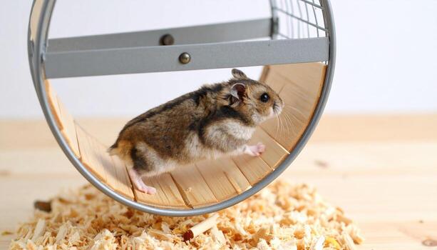 Small hamster runs energetically on wooden exercise wheel, surrounded by soft bedding made of wood shavings. scene captures playful and active nature of this adorable pet photo