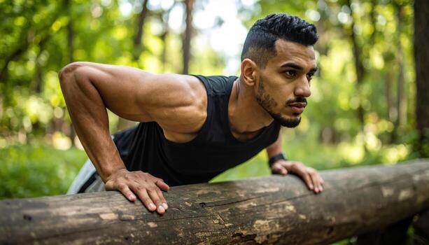 A man is doing push ups on a log photo