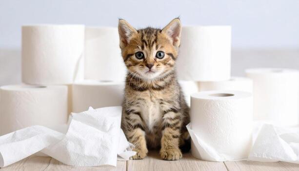 juguetón gatito se sienta entre rollos de baño papel, rodeado por estropeado tejidos, creando encantador y humorístico escena. gatito curioso expresión agrega a alegre atmósfera foto