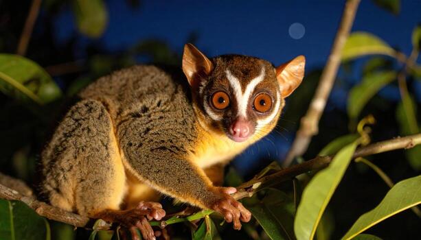 A small animal with big eyes sitting on a tree branch photo