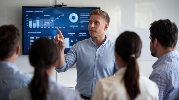 A man is giving a presentation to a group of people photo