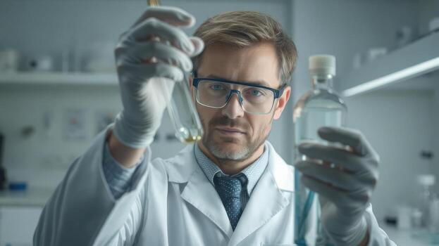 Scientist holding test tubes and bottle in laboratory setting, focused on experiments and research. atmosphere is professional and scientific photo