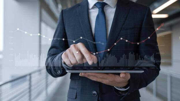 businessperson in suit analyzes financial data on tablet, showcasing graphs and trends. modern office setting enhances professional atmosphere photo