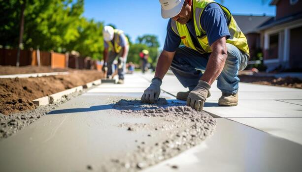 Workers are pouring and smoothing concrete on sidewalk, showcasing teamwork and craftsmanship in construction. scene is vibrant with greenery and residential buildings in background photo