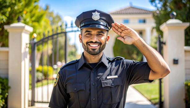 Smiling security officer in uniform salutes in front of grand entrance, showcasing professionalism and pride. background features well maintained property with lush greenery photo