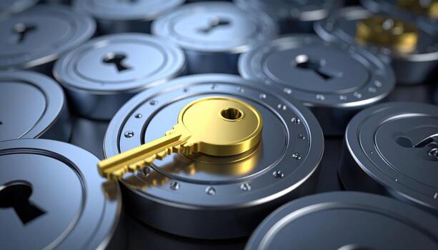 Golden key rests atop collection of metallic locks, symbolizing security and access. shiny surface of locks reflects light, creating visually striking image that conveys importance of protection photo