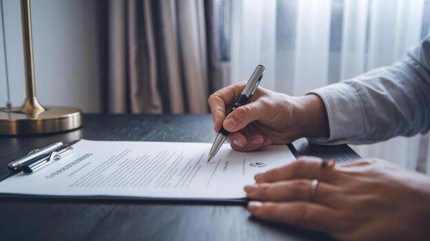 A man signing a contract with a pen on a desk photo