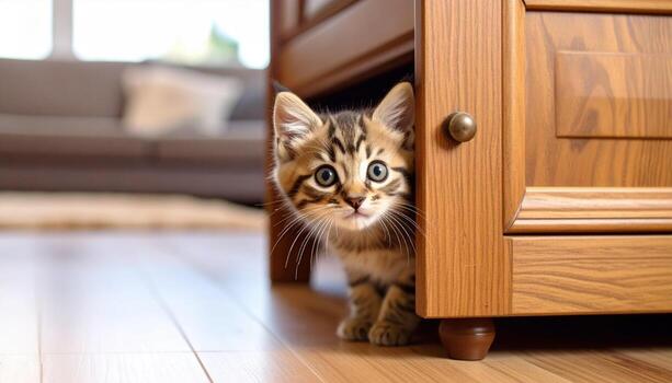 curioso gatito echar un vistazo desde detrás de madera muebles, exhibiendo sus juguetón naturaleza y sorprendentes características. calentar de madera tonos y suave antecedentes crear acogedor atmósfera foto