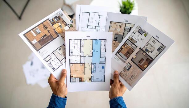 Designing new home involves reviewing various architectural plans and layouts. image showcases person holding multiple floor plans, illustrating different designs and configurations photo