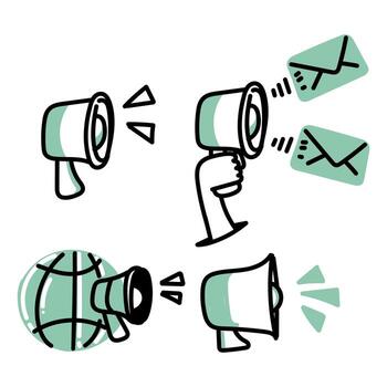 a set of four hand drawn icons with a megaphone and a globe vector