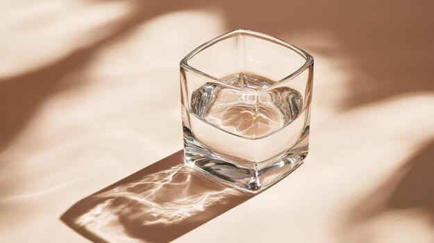 Clear square glass contains water, creating refracting light patterns across a beige surface photo