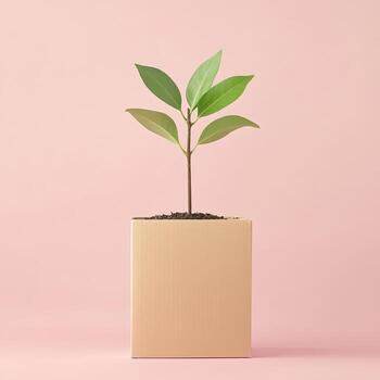 Potted sapling with fresh green leaves displayed in a cardboard box against a light pink backdrop photo