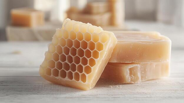 Honeycomb patterned soaps rest on a white wooden surface in a bright studio setting photo