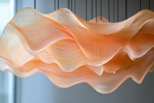 Floating orange mesh fabric cascades elegantly from black threads, creating a flowing, airy texture photo
