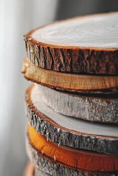 Stacked tree slices show wood grain texture and rustic bark patterns against a soft backdrop photo